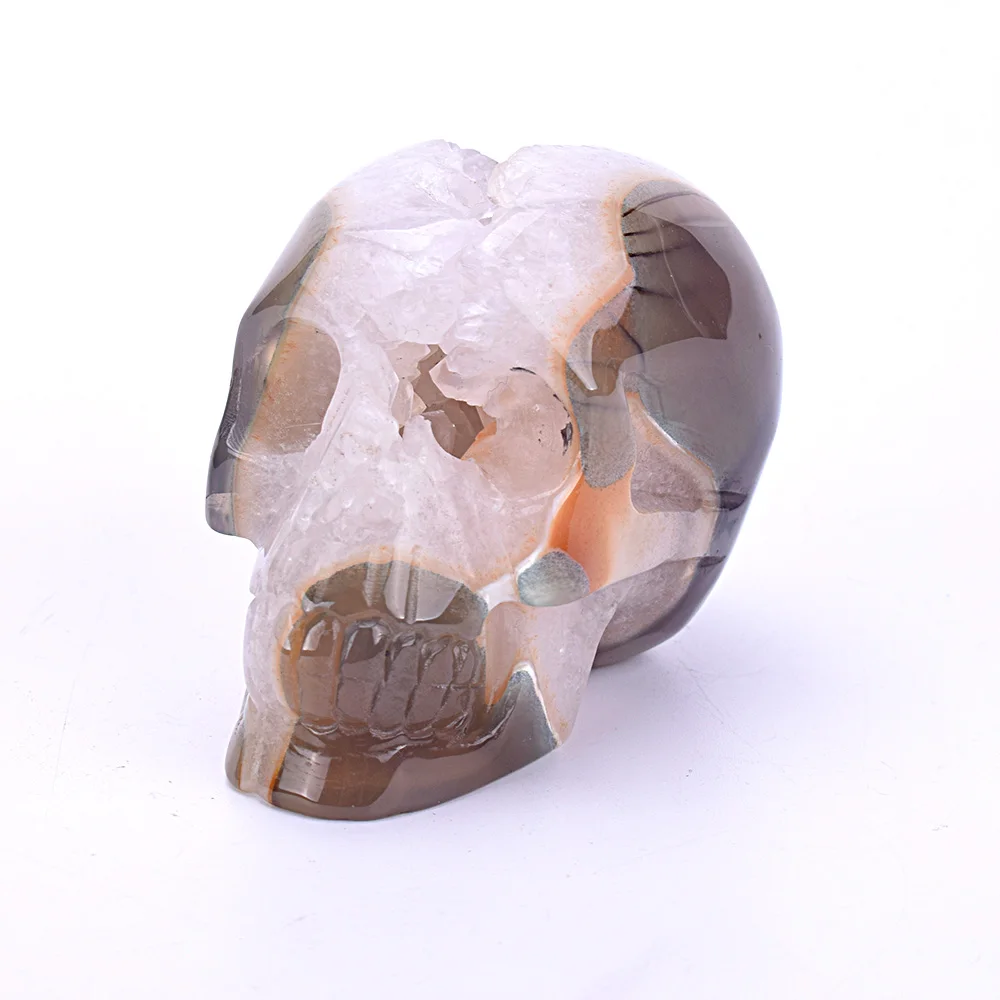 

3.5'' Realistic Crystal Skull Statue Hand Carved Natural Agate Geode Healing Crystal Skull Sculpture Home Decor Art Collection