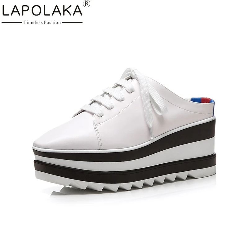 

LAPOLAKA 2018 Genuine Leather Square Toe Size 34-39 Platform Lace Up Spring Summer Shoes Women Black Woman Pumps