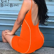 SheBlingBling летние оранжевые женские комбинезоны без рукавов с открытой спиной для фитнеса, Обтягивающие Комбинезоны, модный светоотражающий короткий комбинезон с окантовкой
