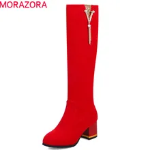 MORAZORA/ г.; высококачественные флоковые короткие плюшевые сапоги с круглым носком; сезон осень-зима; женские вечерние свадебные сапоги до колена; обувь на высоком каблуке