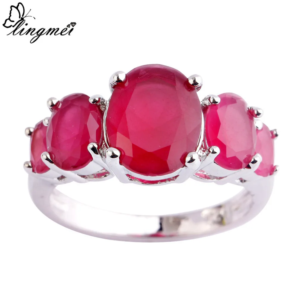 

lingmei Wholesale Fashion Oval Cut Red Cubic Zirconia Silver Color Ring Full Sizes Beautiful For Women Wedding Party Jewelry