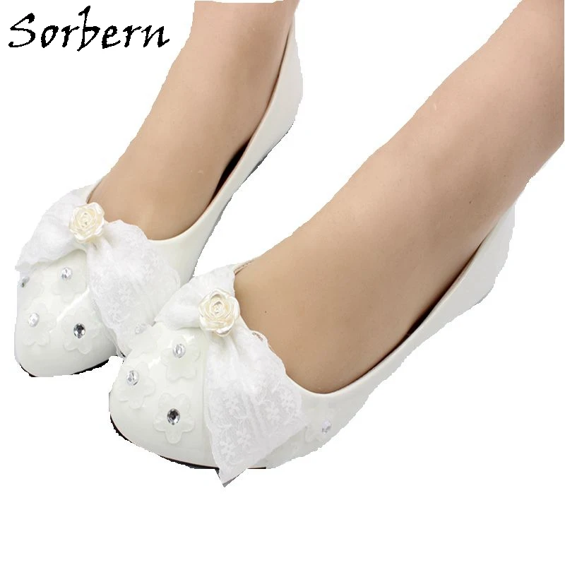 

Sorbern White Bridal Wedding Shoes For Brides Hand Made Flower Bow For Womens Pumps Shoes Slip On Pointed Toe Shoes