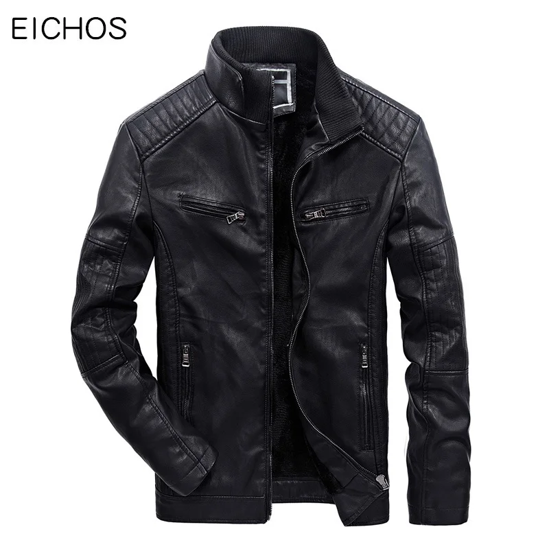 EICHOS мужская куртка из искусственной кожи осень зима бархатная теплая мотоциклетная куртка мужская кожаная повседневная тонкая кожаная куртка