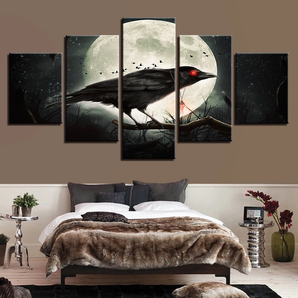 

Frame Modular Canvas Pictures HD Printed 5 Pieces Bird Red Eyes And Moon Night Scene Poster Living Room Wall Decor Art Painting