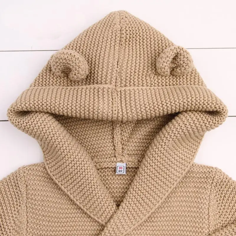 Вязаный кардиган для маленьких мальчиков, зимние теплые детские однотонные свитера, топы, пальто с капюшоном и длинными рукавами, верхняя одежда для маленьких мальчиков и девочек