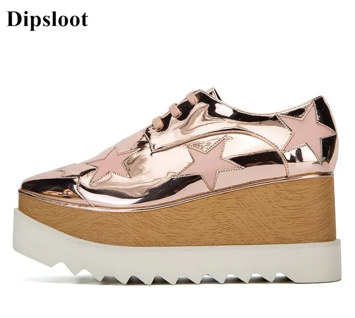

2017 Hot Stars Patchwork High Platform Lace-Up Women Casual Shoes High Qulaity Leather Flat Shoes For Ladies Free Shipping