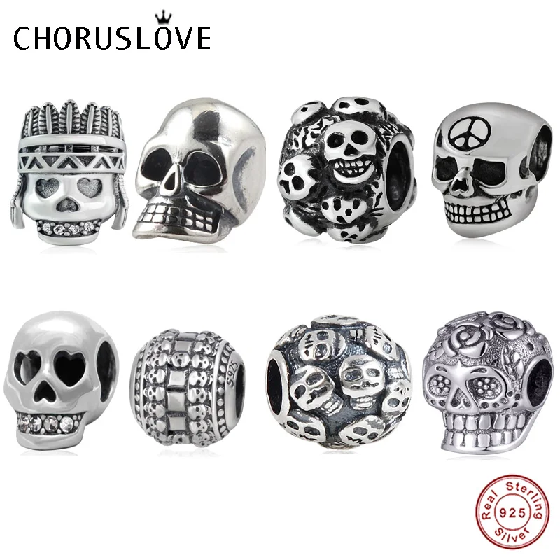 

Choruslove Terrible Skull Charm Authentic 925 Sterling Silver Skeleton Beads fit Pandora Charms Halloween Bracelet DIY Jewelry