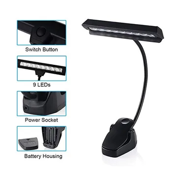 

Table Lamp Black Flexible 9 LEDs Clip-On Orchestra Music Stand With Adapter Desktop Reading Eye Protection 40MR28