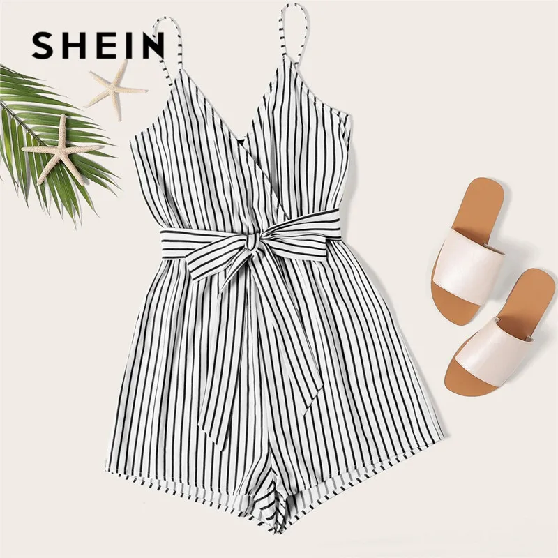 Женский полосатый комбинезон SHEIN на бретельках с ремнем пляжный без рукавов для