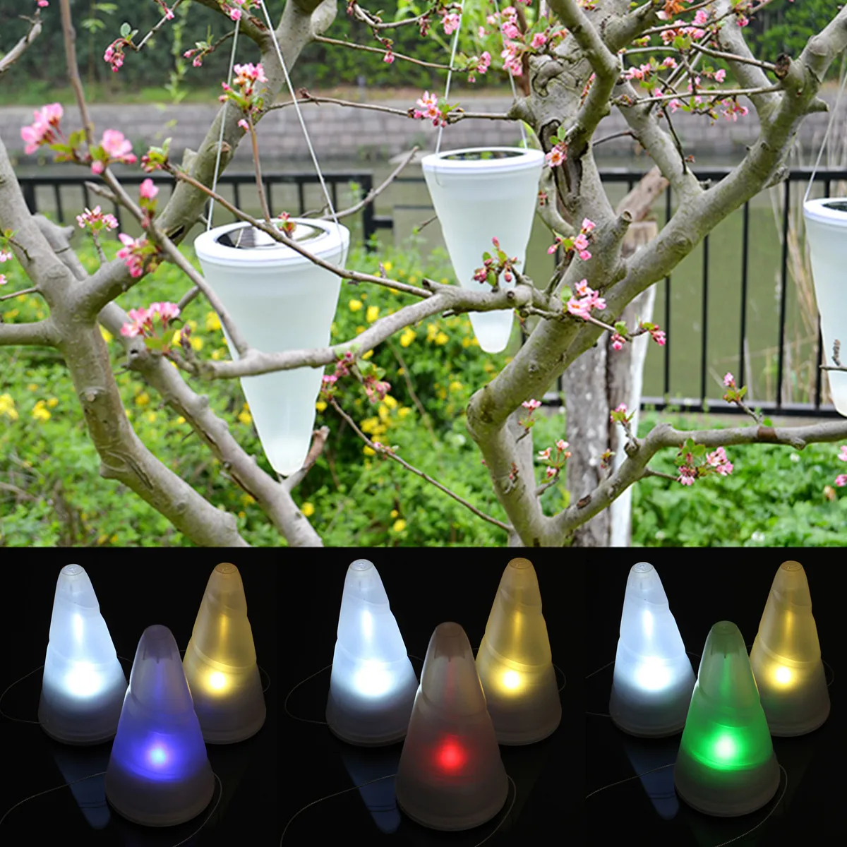

RGB/White/Warm White Solar Power Garden Lights Outdoor Cornet Cone LED Lamp Hanging Tree Lantern Drop Plastic OFF/ ON Switch