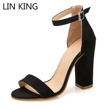 LIN KING Casual High Heel Women Sandals Buckle Thick Sole Peep Toe Sandalias Shoes Solid Square Heel Ladies Office Career Shoes newest women solid pink and black ankle buckle strap strange transparent heel sandal summer peep toe square heel shoes free ship
