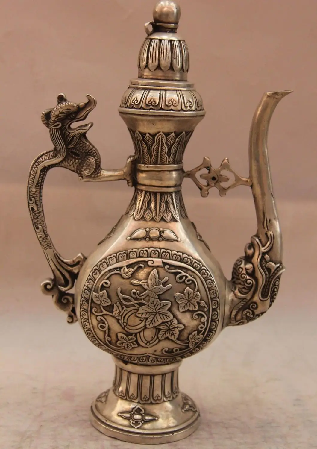 

China White Copper Silver Dragon Flower Teapot Flagon Wine pot