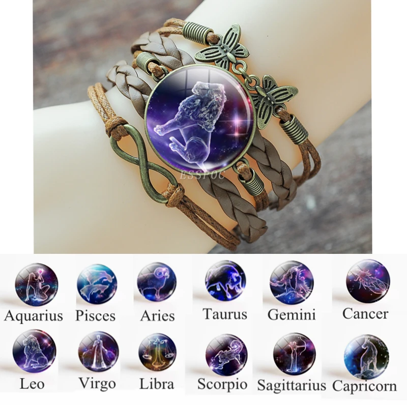 

12 Zodiac Signs Punk Rope Leather Bracelet Bangles Pisces Aries Gemini Leo Scorpio Constellation Bracelet For Women Jewelry Gift