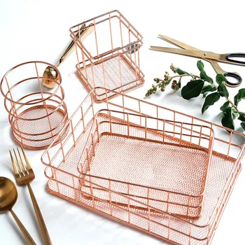 

4 Styles Rose Gold Metal Storage Basket Cosmetic Organizer Holder Office Desk Kitchen Bathroom Shelf Home Decoration Accessories