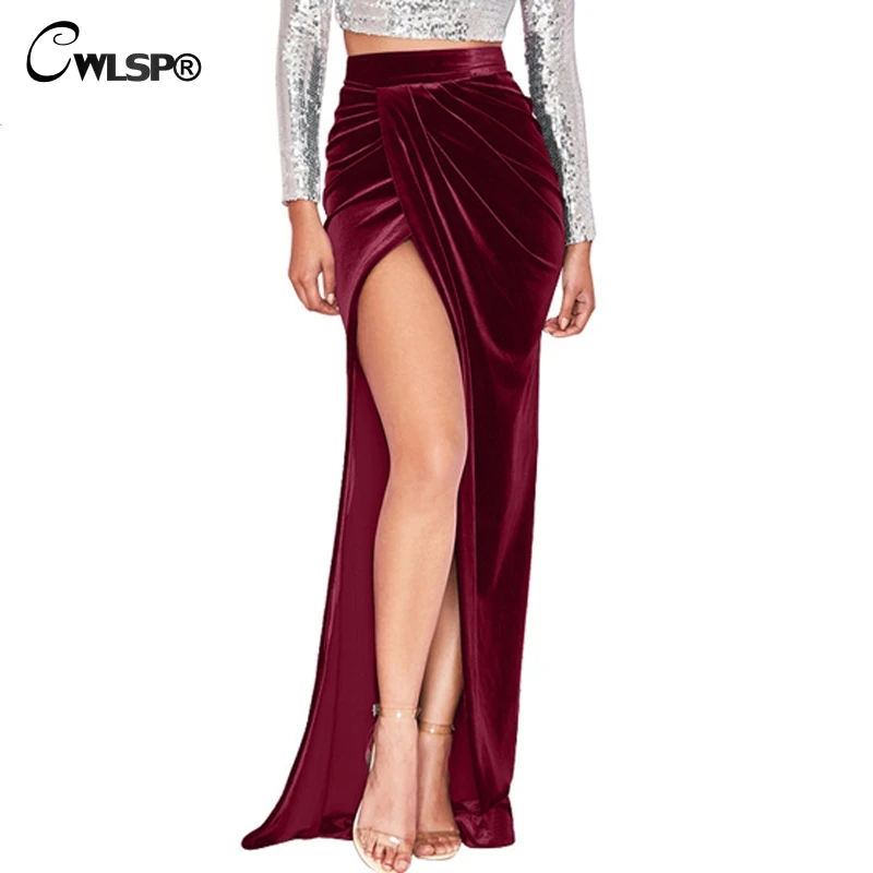 CWLSP Velvet Floor length Long Skirts Womens jupe side Split Pleated Skirts Ladies Elegant Sexy