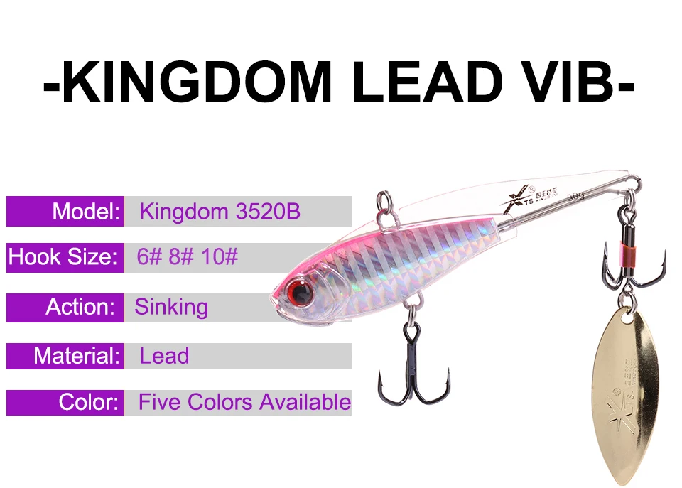 Kingdom Fishing, жесткая свинцовая приманка, 5 размеров, Тонущая, VIB, воблеры, мягкий корпус, дизайн с спиннингом, приманка, модель 3520B