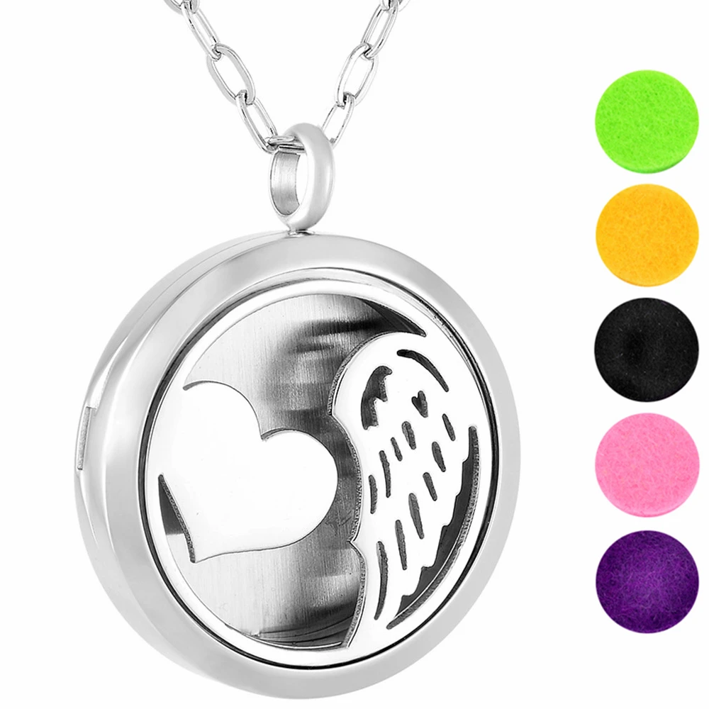 

IJP0142 Aromatherapy Essential Oil Diffuser Necklace - Stainless Steel Angel Heart Wing Round Locket Pendant