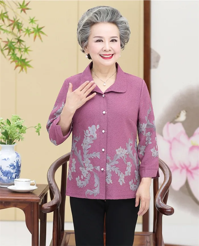 Женские блузки для пожилых женщин, Осенние Топы для пожилых мам, рубашка с длинным рукавом и принтом, весенний кардиган, пальто размера плюс 5XL W707