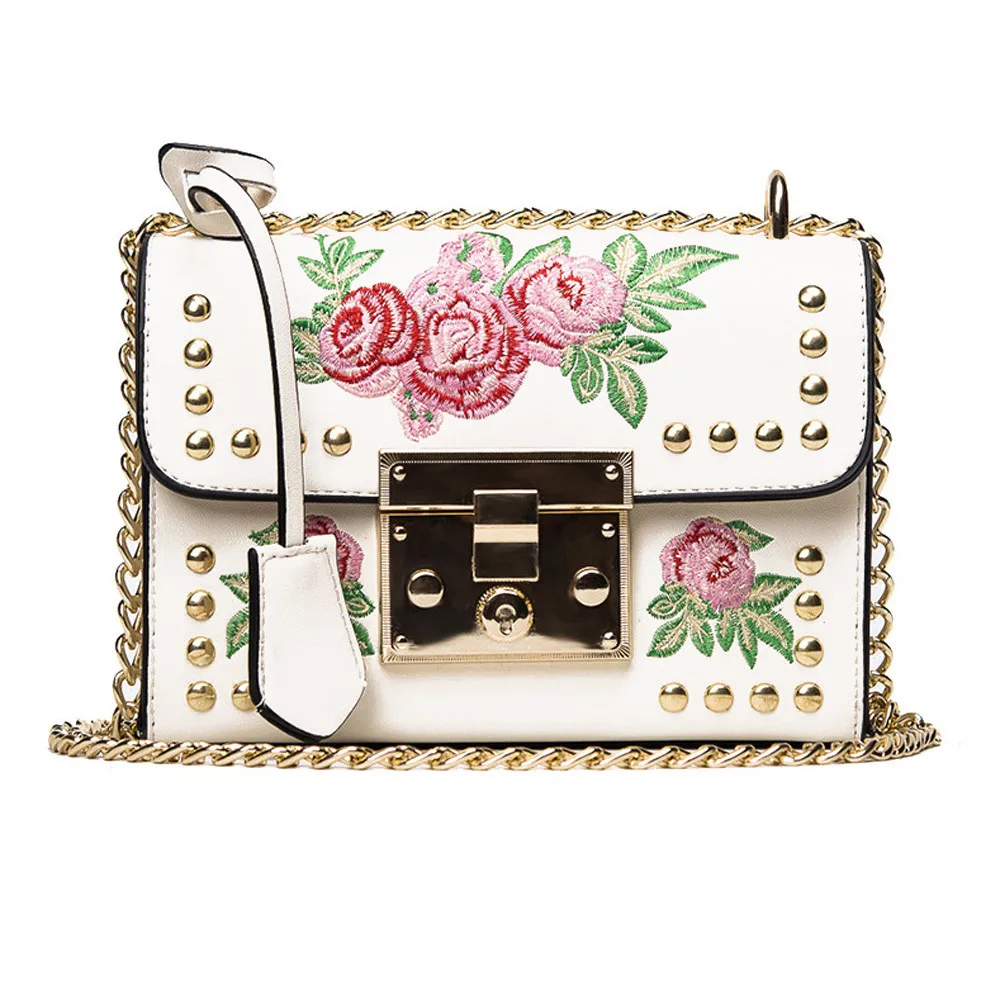 

Women Messenger Bags Embroidery Rose Cross body Shoulder Chain Body Bags Black Floral Square clutch female sac a main White