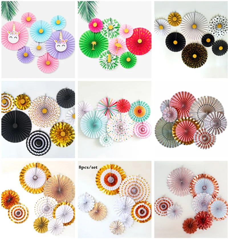 

1 Sets (8pcs) Jungle Pink Black Foil Gold Pinwheel Paper Rosette Elephant Baby Shower Giant Paper Flowers Paper Fan Backdrop