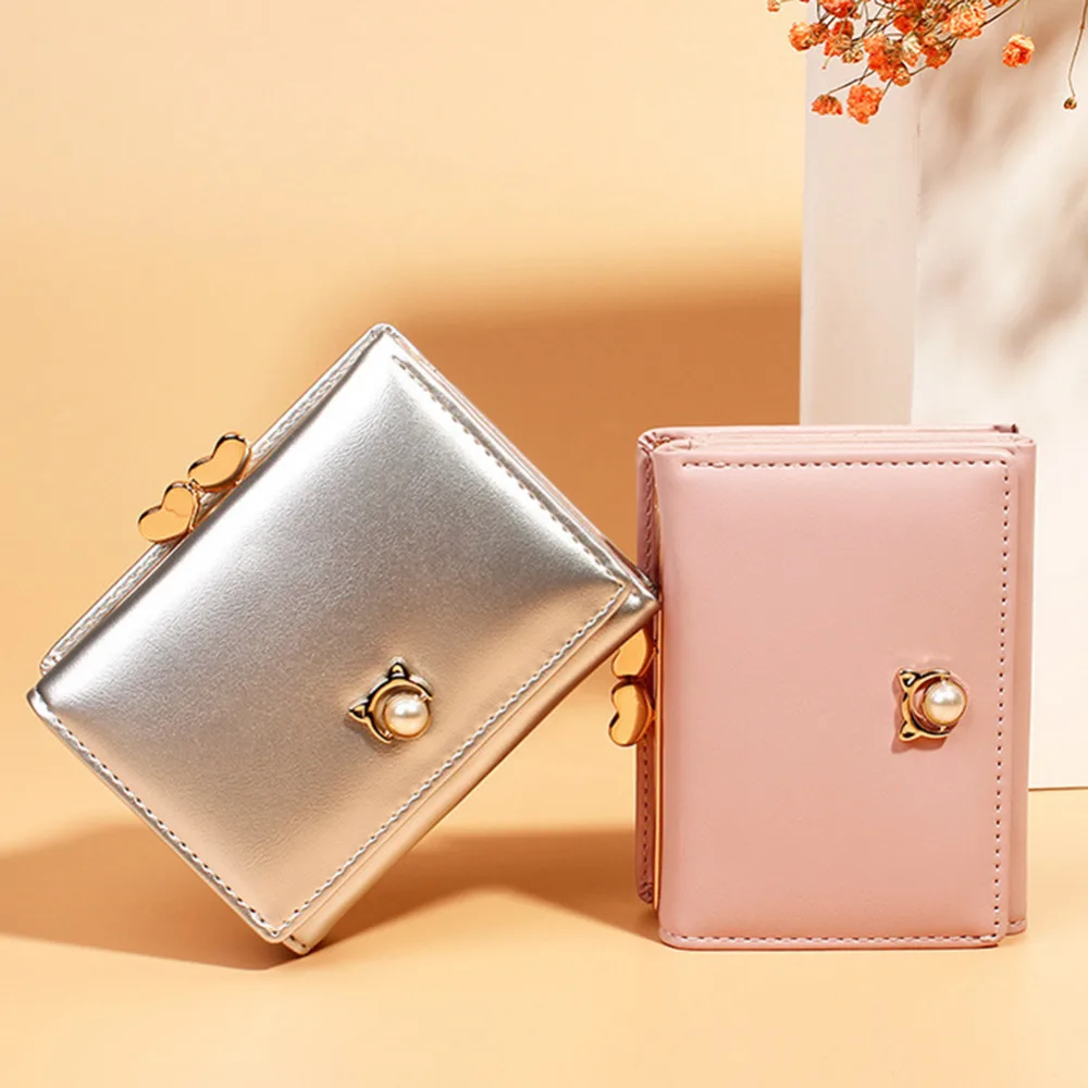 

New Creative Multi-function Pearl Wallet Women's Short Three-fold Wallet Double Heart Kiss Lock Pearl Clip Coin Purse
