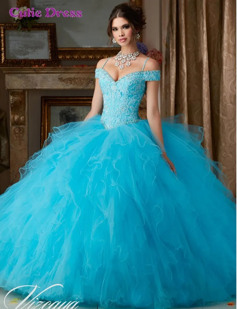 2016 Sexy V Neck Blue Quinceanera Dresses for Girls 15 Years Luxury