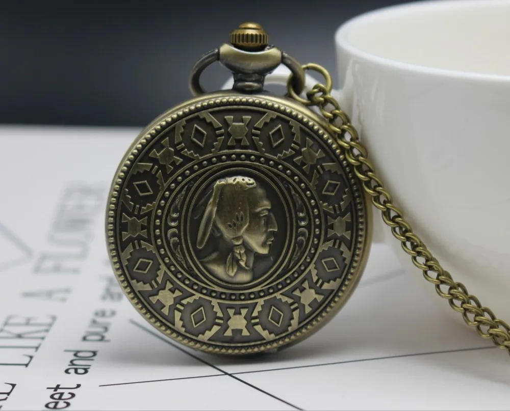 Antique Retro Indian People Copper Quartz Pocket Watch Chain Bronze Fob