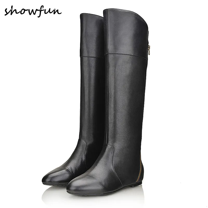 

Women's genuine leather back zip winter waterproof knee high boots brand design leisure flats knight boots cold long boots shoes