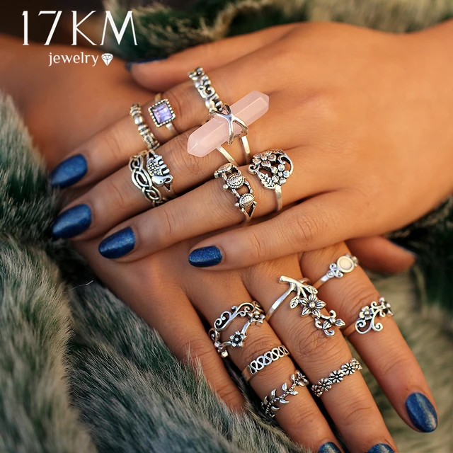 17KM Vintage Big Stone Flower Knuckle Rings Set For Women Antique Turtle Crystal 17KM Vintage Big Stone Flower Knuckle Rings Set For Women Antique Turtle Crystal