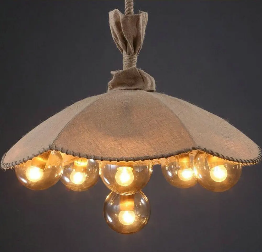 Loft style linen cloth,rope 6 Heads Umbrella Vintage industrial pendant