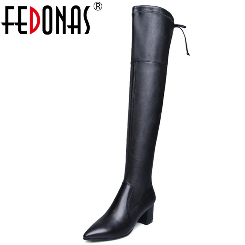

FEDONAS Spring Autumn New Fashion Pointed Toe Square Heels Women Over The Knee Boots Elegant Punk Zipper Night Club Shoes Woman