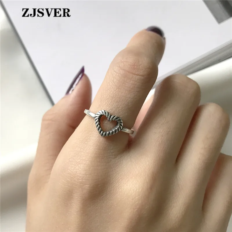 

ZJSVER Korean Jewelry 925 Sterling Silver Rings Fashion Simple Weave Hollow Heart Silver Opening Adjustable Women Ring
