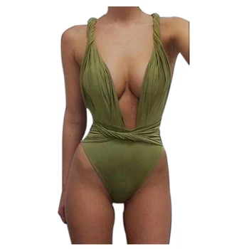 

Women Solid color Deep V Low cut Sling Conjoined Swimwear Green S