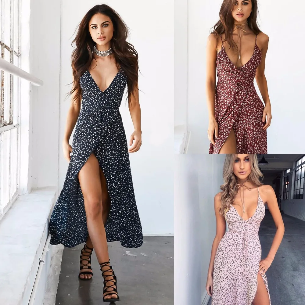 

2018 Summer New Fashion Sleeveless Spaghetti Strap Floral Backless Dress High Slit Beach Sexy Women Party Long Dress Vestidos