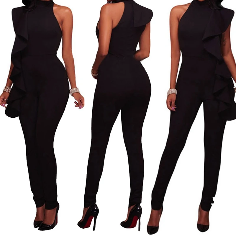 Summer Jumpsuit Women Black Flounce Bandage Jumpsuit Club Jumpsuits