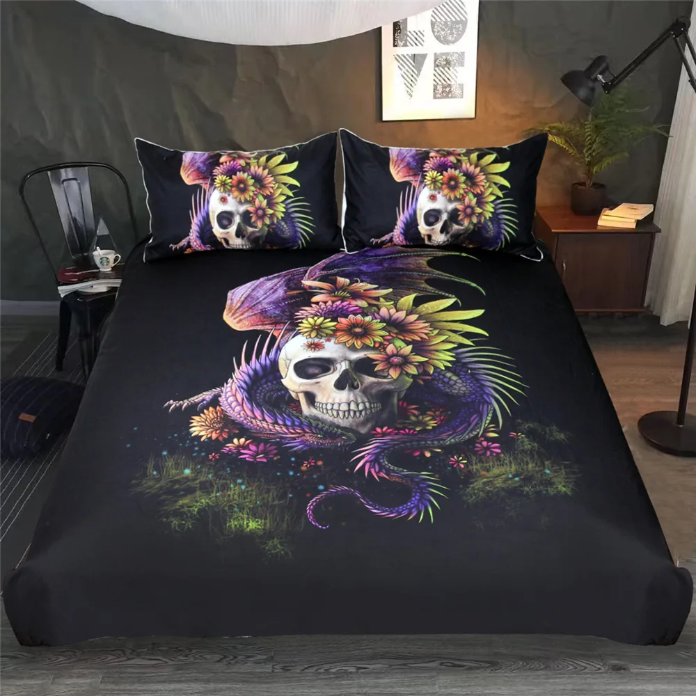

Moonpalace 3PCS Cartoon Bedding Set Purple Flower Duvet Cover Pillowcase Danger Monster Flower Set Mystery Art Black Bedding