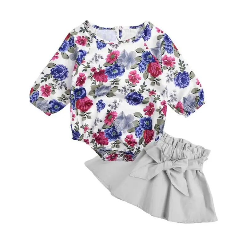 

2pcs Newborn Girls Clothing Set Long Sleeve Rose Flower Romper + Bow Skirt