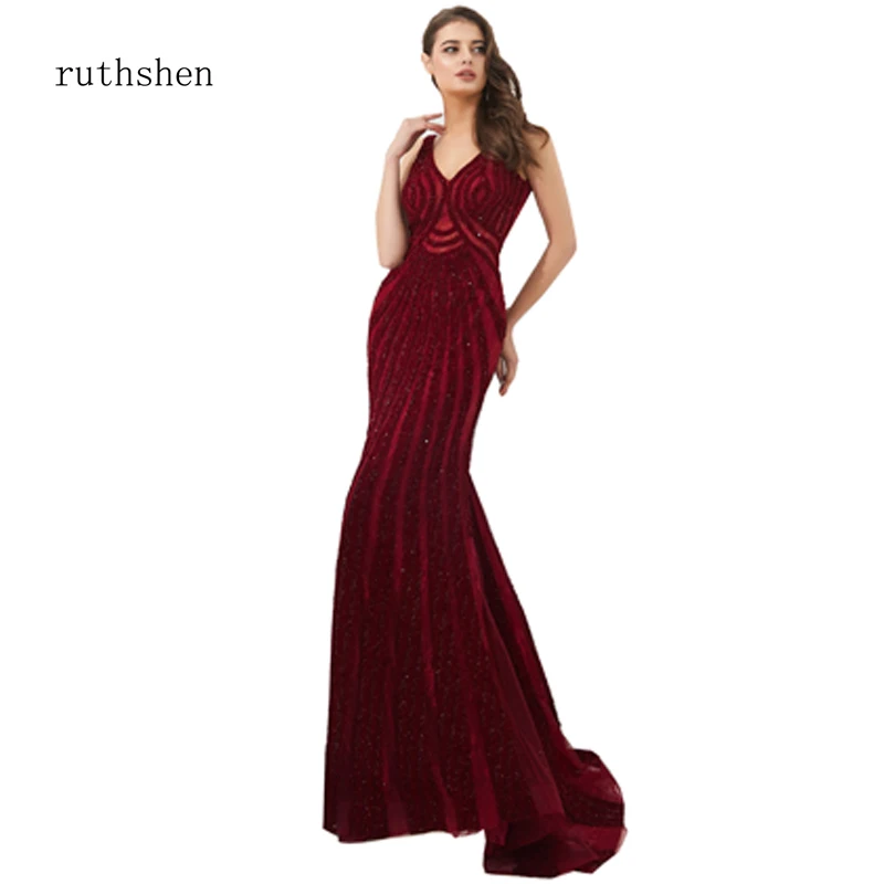 

ruthshen Mermaid Dress V Neck Backless Slim Curve Shape Evening Dress Wine Red Sparkle Sequined Maxi Bodycon Sequin Dress 2019