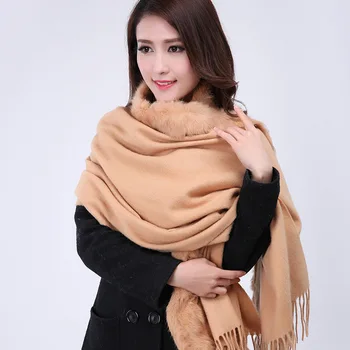 

Top Sale Camel Women's 100% Wool Pashmina Cashmere Shawl Scarf Rabbit Fur Cape Europe And America Style Tippet 176 x 68cm