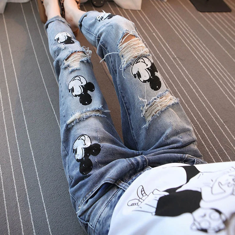 Mickey Mouse Jeans Women Distressed Ripped Boyfriend Jeans woman Cartoon Mickey Jeans Destroyed Casual Harem Denim Pants New