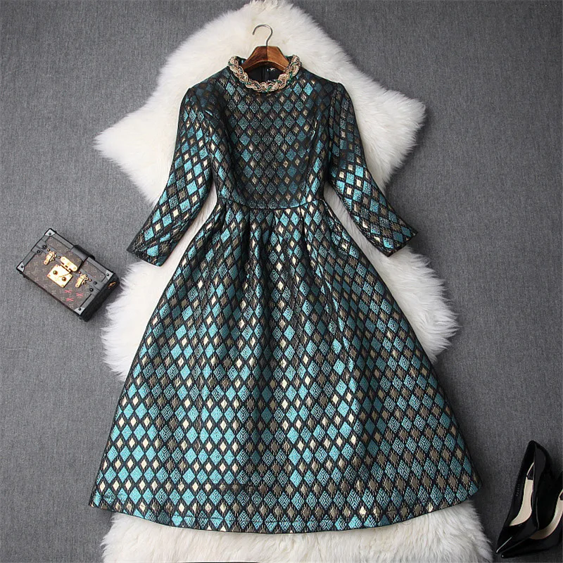 

New 2018 Autumn Dresses for Women Elegant Stand Collar Beading Gold Embossed Vintage Jacquard Dress Casual Mid Calf Vestidos
