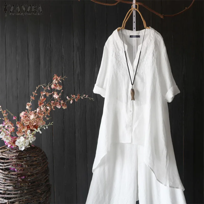 Autumn Embroidery Tops Women's Asymmetrical Blouse ZANZEA Vintage 3/4 Sleeve Shirts Female Button Solid Blusas Casual Tunic