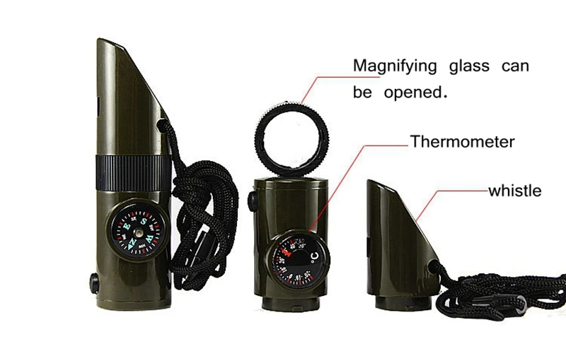 7 в 1 Многофункциональный выживания свисток SOS аварийно-спасательных компас термометр фонарь Лупа высокочастотный свист