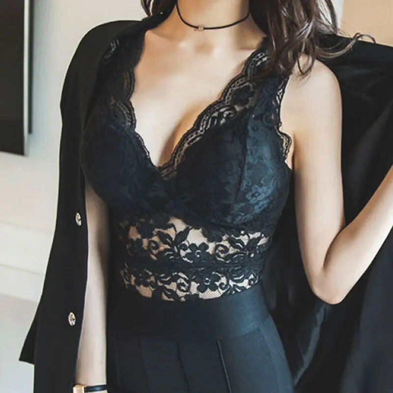 

Korean Elegant Sleeveless Tube Top Harness Sexy Deep V-Neck Hollow Out Lace Shirt Women Black Lace Blouse Bodycon Crochet Shirt
