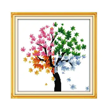 

Four Seasons Happy Tree Plant Flower Series Hand Embroidery Cross Stitch Kit Simple Modern Tree Sewing Embroidery