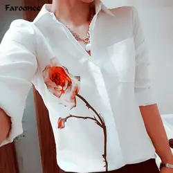 Отложной воротник рубашки для мальчиков Белые Офисные женская одежда Blusas Женский топы корректирующие Роза шифоновое, с цветочным принтом