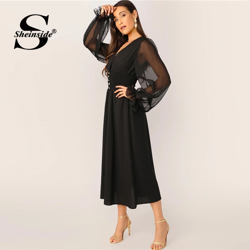 Koop Sheinside Elegante V hals Knop Detail Jurk Vrouwen 2019 Lente Mesh Lantaarn Mouw Patchwork Jurken Dames Solid EEN Lijn Jurk