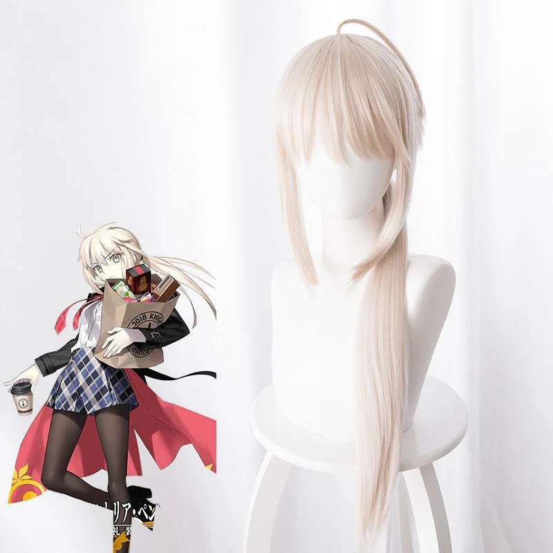 Parrucca Cosplay Arturia Pendragon Fate Stay Night Grand Order Sabre Altera Capelli Sintetici Lunghi Dritti + Cappellino Parrucca