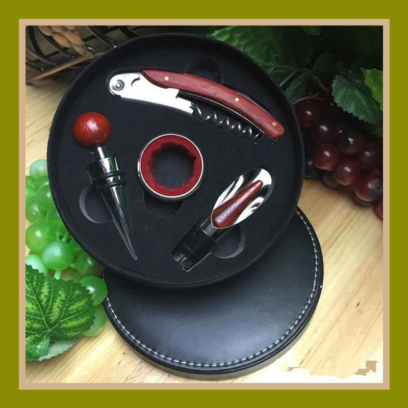 Free shipping Red Wine Bottle Opener 4Pcs In One Set with Black Leather Gift Box Wines Accessory | Дом и сад