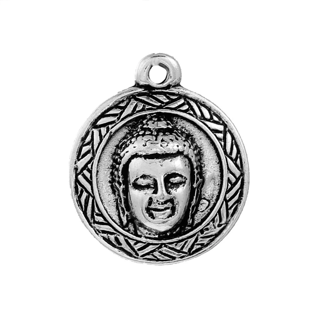 

DoreenBeads 2016 New Fashion Zinc Alloy Charms Buddha Statue Pendants Round Antique Silver 25mm(1") x 22mm, Hole: 2.1mm 5 PCs